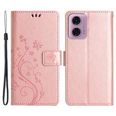 For Motorola Moto G34 5G Case PU Leather Phone Wallet Cover with Strap - Rose Gold