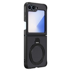 For Samsung Galaxy Z Flip7 FE 5G / Z Flip6 5G / Z Flip5 5G Phone Case with Magnetic Kickstand TPU + PC Carbon Fiber Back Cover - Black