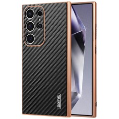 AZNS For Samsung Galaxy S23 Ultra Case Electroplating Carbon Fiber Texture PU + TPU Phone Cover - Black