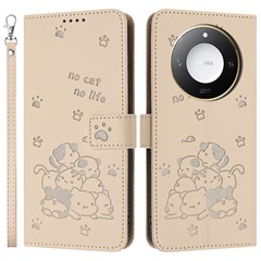 For Honor X9c Smart 5G / X60 5G Case with Strap Cats Imprint Leather Wallet Phone Cover - Beige
