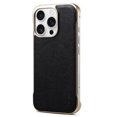 For iPhone 16 Pro Case Compatible with MagSafe Genuine Cow Leather + PC Phone Cover - Black