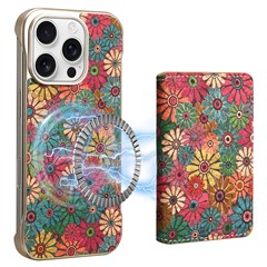 For iPhone 16 Pro Max Magnetic Case Compatible with MagSafe Pattern Print PU + PC Phone Cover with Card Holder - Daisy