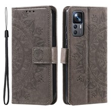 For Xiaomi 12T 5G / Redmi K50 Ultra 5G / 12T Pro 5G Mandala Flower Pattern Imprinted Folding Stand PU Leather Case TPU Inner Shell Wallet Flip Cover with Strap - Grey