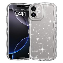 GW35 For iPhone 16 Plus Case Wavy Edge Transparent Glitter TPU Anti Drop Phone Cover