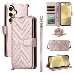 For Samsung Galaxy S25+ Wallet Case with Shoulder / Wrist Strap Leather Phone Cover Stand - Pink