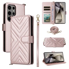 For Samsung Galaxy S25 Ultra Wallet Case with Shoulder / Wrist Strap Leather Phone Cover Stand - Pink