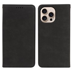 For iPhone 16 Pro Max Case Strong Magnetic Leather Wallet Phone Cover with Striped Texture - Black