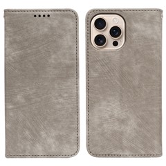For iPhone 16 Pro Case Strong Magnetic Leather Wallet Phone Cover with Striped Texture - Grey