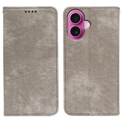 For iPhone 16 Plus Case Strong Magnetic Leather Wallet Phone Cover with Striped Texture - Grey