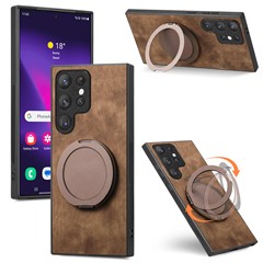 For Samsung Galaxy S25 Ultra Phone Case with Rotating Kickstand Stress Relief Retro Leather Back Cover - Brown