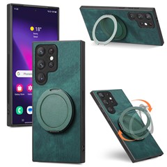 For Samsung Galaxy S24 Ultra Phone Case with Rotating Kickstand Stress Relief Retro Leather Back Cover - Green