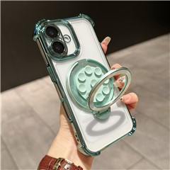 For iPhone 16 Magnetic Case Suction Cup Kickstand PC Phone Cover with Four Corner Airbag - Cyan