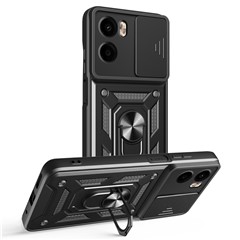 For Motorola Moto G05 4G Case with Slide Camera Lid PC + TPU Kickstand Phone Cover - Black