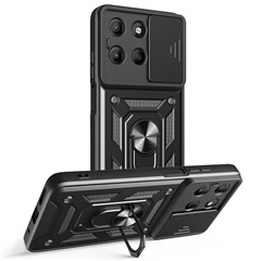 For Motorola Moto G15 4G Case with Slide Camera Lid PC + TPU Kickstand Phone Cover - Black