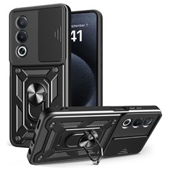 For Oppo A3 Pro (India) 5G  /  A80 5G Case with Slide Camera Lid PC + TPU Kickstand Phone Cover - Black