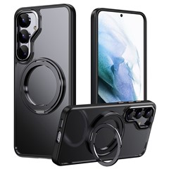 For Samsung Galaxy S25+ Magnetic Case TPU + Acrylic + Metal Kickstand Matte Phone Cover - Black