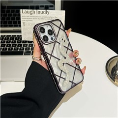 For iPhone 15 Pro Max Case Snake Rhinestones Decor TPU Phone Cover with Luster Card Paper Rhombic Pattern - Purple