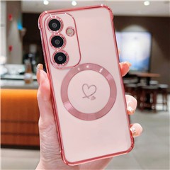 For Samsung Galaxy S24 FE Magnetic Case Electroplated TPU Phone Cover Hollow Love Hearts - Rose Pink