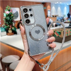 For Samsung Galaxy S25 Ultra Magnetic Case TPU Phone Cover with Strap Heart Gradient Sparkle - Silver