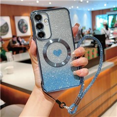 For Samsung Galaxy S25 Magnetic Case TPU Phone Cover with Strap Heart Gradient Sparkle - Blue