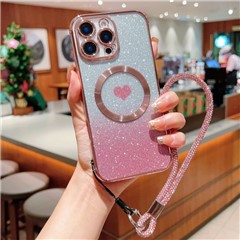 For iPhone 16 Pro Max Case Compatible with MagSafe TPU Phone Cover with Strap Heart Gradient Sparkle - Rose Pink