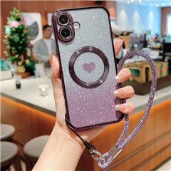 For iPhone 16 Case Compatible with MagSafe TPU Phone Cover with Strap Heart Gradient Sparkle - Dark Purple