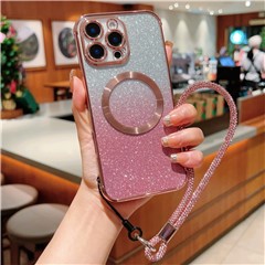 For iPhone 16 Pro Max Case Compatible with MagSafe Electroplated Gradient Glitter Phone Cover with Lanyard - Rose Pink