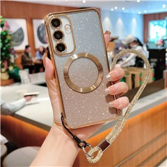 For Samsung Galaxy S25 Magnetic Case Electroplated Gradient Glitter Phone Cover with Lanyard - Gold