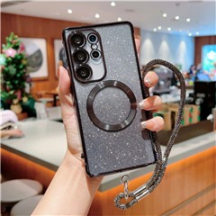 For Samsung Galaxy S25 Ultra Magnetic Case Electroplated Gradient Glitter Phone Cover with Lanyard - Black