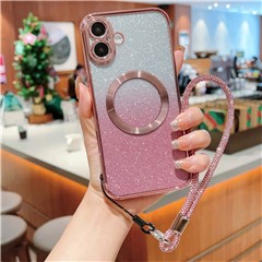For iPhone 16 Case Compatible with MagSafe Electroplated Gradient Glitter Phone Cover with Lanyard - Rose Pink