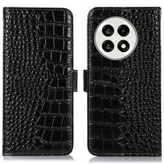 Genuine Cow Leather Phone Case for OnePlus Ace 5 Pro 5G / Ace 5 5G / 13R 5G Crocodile Texture Phone Wallet Cover - Black