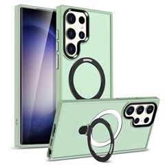 For Samsung Galaxy S25 Ultra Kickstand Magnetic Case PC + TPU Phone Cover - Matcha Green