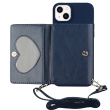 PU Leather Wallet Kickstand Case for iPhone 14 Plus, Drop-proof TPU Phone Cover with Shoulder Strap - Dark Blue
