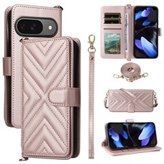 For Google Pixel 9 Pro / Pixel 9 Wallet Case with Shoulder / Wrist Strap Leather Phone Cover Stand - Pink