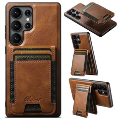 SUTENI H17 For Samsung Galaxy S25 Ultra Magnetic Case Card Slots Leather + TPU Kickstand Phone Cover - Brown