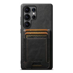 SUTENI H03 For Samsung Galaxy S25 Ultra Case Card Holder Waxy Texture Leather + TPU Phone Cover - Black