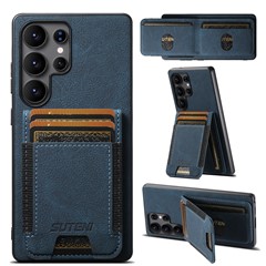 SUTENI H03 For Samsung Galaxy S25 Ultra Case Card Holder Kickstand Litchi Texture Leather + TPU Phone Cover - Blue