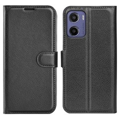For Motorola Moto E15 4G Case Litchi Texture Shockproof Leather Wallet Phone Cover - Black