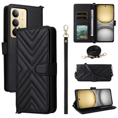 Wallet Phone Case for Realme 14x 5G / V60 Pro 5G / C75 4G Leather Phone Cover with Shoulder / Wrist Strap- Black
