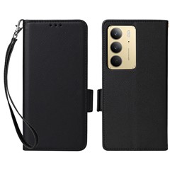 For Realme 14x 5G / V60 Pro 5G / C75 4G Case with Wrist Strap Litchi Texture PU Leather Wallet Phone Cover - Black