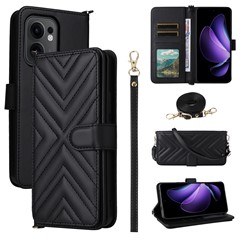 For Oppo Reno13 F 5G (Reno 13 FS 5G) / 4G Wallet Case with Shoulder / Wrist Strap Leather Phone Cover Stand - Black