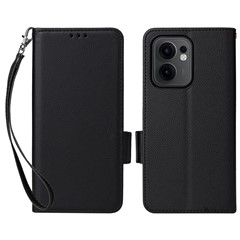 For Oppo Reno13 F 5G (Reno 13 FS 5G) / 4G Case with Wrist Strap Litchi Texture PU Leather Wallet Phone Cover - Black