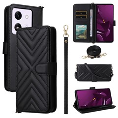 For Xiaomi Poco M7 Pro 5G Wallet Case with Shoulder / Wrist Strap Leather Phone Cover Stand - Black