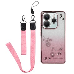 KADEM For Xiaomi Redmi Note 14 5G Case Flower Pattern TPU Gradient Phone Cover with Lanyards - Rose Gold