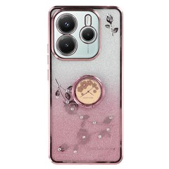 KADEM For Xiaomi Redmi Note 14 5G Case Ring Kickstand TPU Flowers Phone Cover Gradient Glitter - Rose Gold