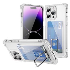 For iPhone 14 Pro Max Case Reinforced Corners TPU + Acrylic Phone Cover with Kickstand Card Holder - Transparent
