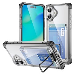 For iPhone 16 Case Reinforced Corners TPU + Acrylic Phone Cover with Kickstand Card Holder - Transparent Black
