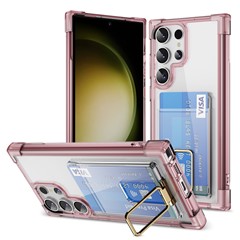 For Samsung Galaxy S23 Ultra Case Reinforced Corners TPU + Acrylic Phone Cover with Kickstand Card Holder - Transparent Pink