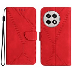 For OnePlus 13 Case Skin Touch Lines Imprinted PU Leather Flip Phone Cover - Red