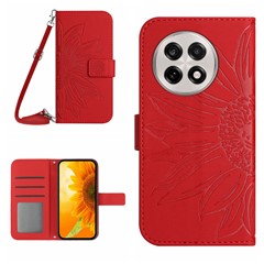 For OnePlus 13 Case Sunflower Imprint PU Leather Phone Cover with Long Strap - Red